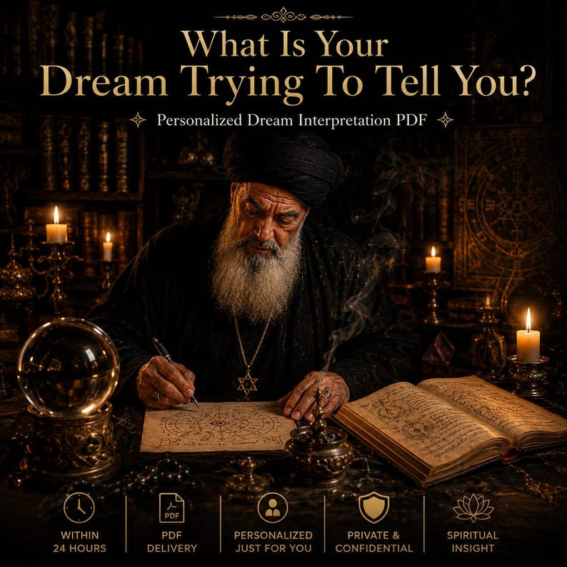 May include: A digital graphic featuring the text "What Is Your Dream Trying To Tell You?" and "Personalized Dream Interpretation PDF." An older person with a beard and turban writes on a document near a crystal ball, an open book, and candles.