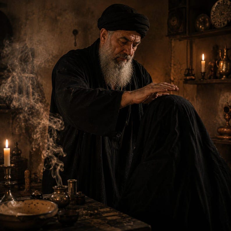 May include: An older individual with a long white beard and a black turban wears a dark robe while extending a hand over another person draped in a black cloth. A smoking incense burner, a lit candle, and small metal vessels sit on a wooden table.