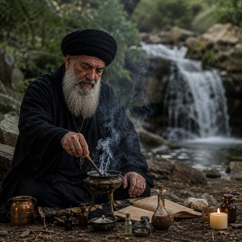 May include: An older individual with a long white beard and black turban wears a black robe while holding a wooden stick over a small metal incense burner. Nearby are several glass bottles, an open book with text, and a lit white candle.