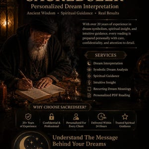 May include: A dark-themed promotional graphic for Sacredseer Personalized Dream Interpretation. It features an elderly person writing in a book, with text detailing services like dream analysis, spiritual guidance, and PDF readings, plus a 24-hour delivery promise.