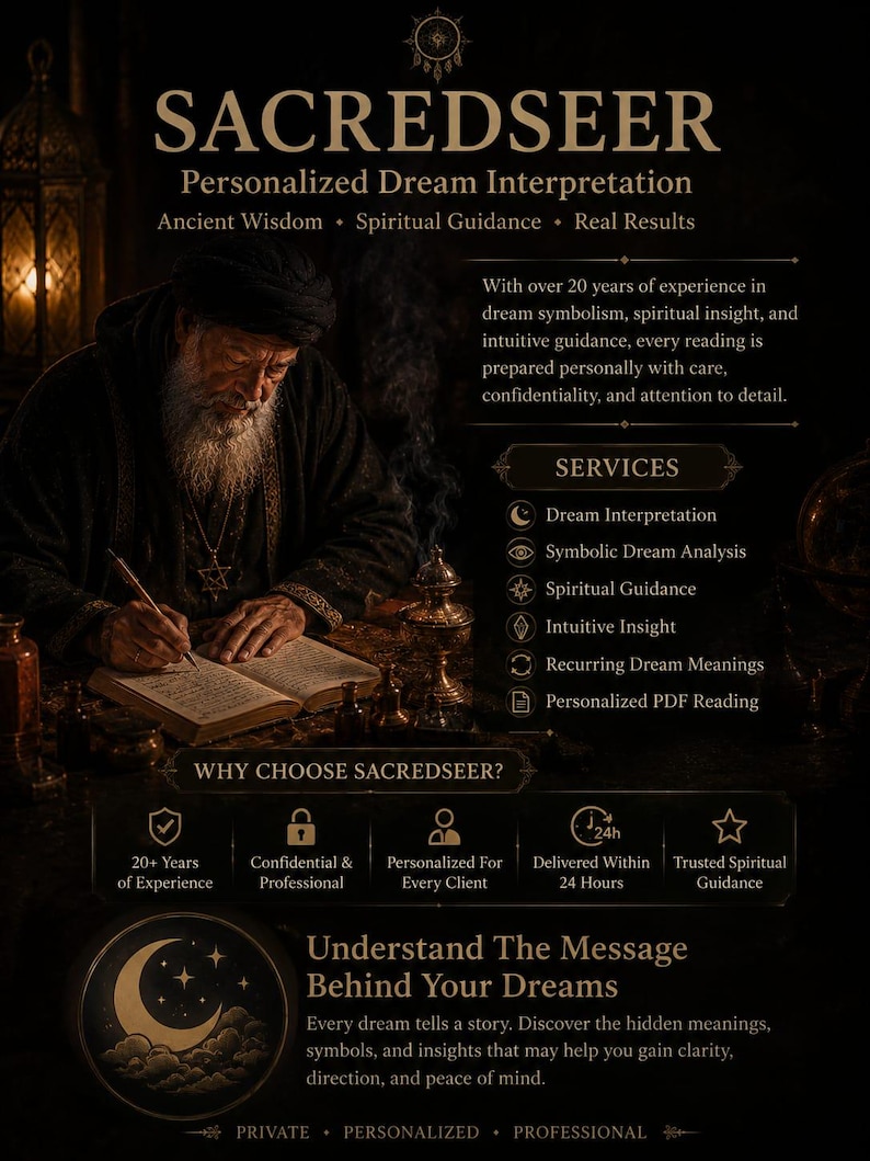 May include: A dark-themed promotional graphic for Sacredseer Personalized Dream Interpretation. It features an elderly person writing in a book, with text detailing services like dream analysis, spiritual guidance, and PDF readings, plus a 24-hour delivery promise.