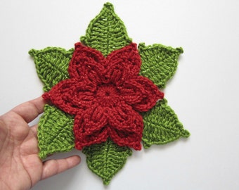 7pcs 9" Red POINSETTIA & Leaves Crochet Applique, Christmas Flower