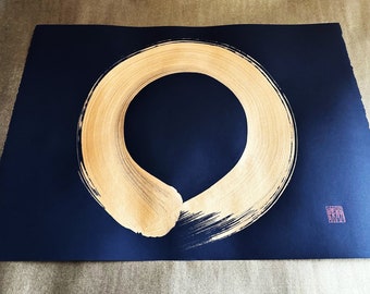 Enso - Gold - Japanese Calligraphy Art on black paper 16x22 inch - Large