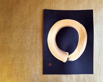 Enso - Gold - Japanese Calligraphy Art on black paper 8x11 inch - Japanese art / Japanese calligraphy
