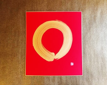 Enso - Japanese Kanji Calligraphy Art with Gold Ink on Red Shikishi Board - Japanese art / Japanese calligraphy