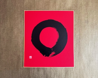 Enso - Japanese Kanji Calligraphy Art with Black Ink on Red Shikishi Board - Japanese art / Japanese calligraphy