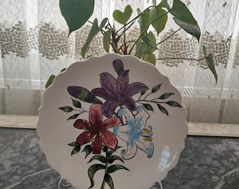 Ceramic Plate with Handmade Tile Art of Flowers