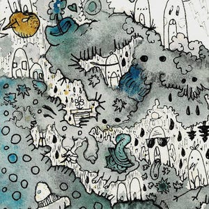 Abstracte blauwe domme buurt – aquarel, pen en inkt van 3,5 x 5,5