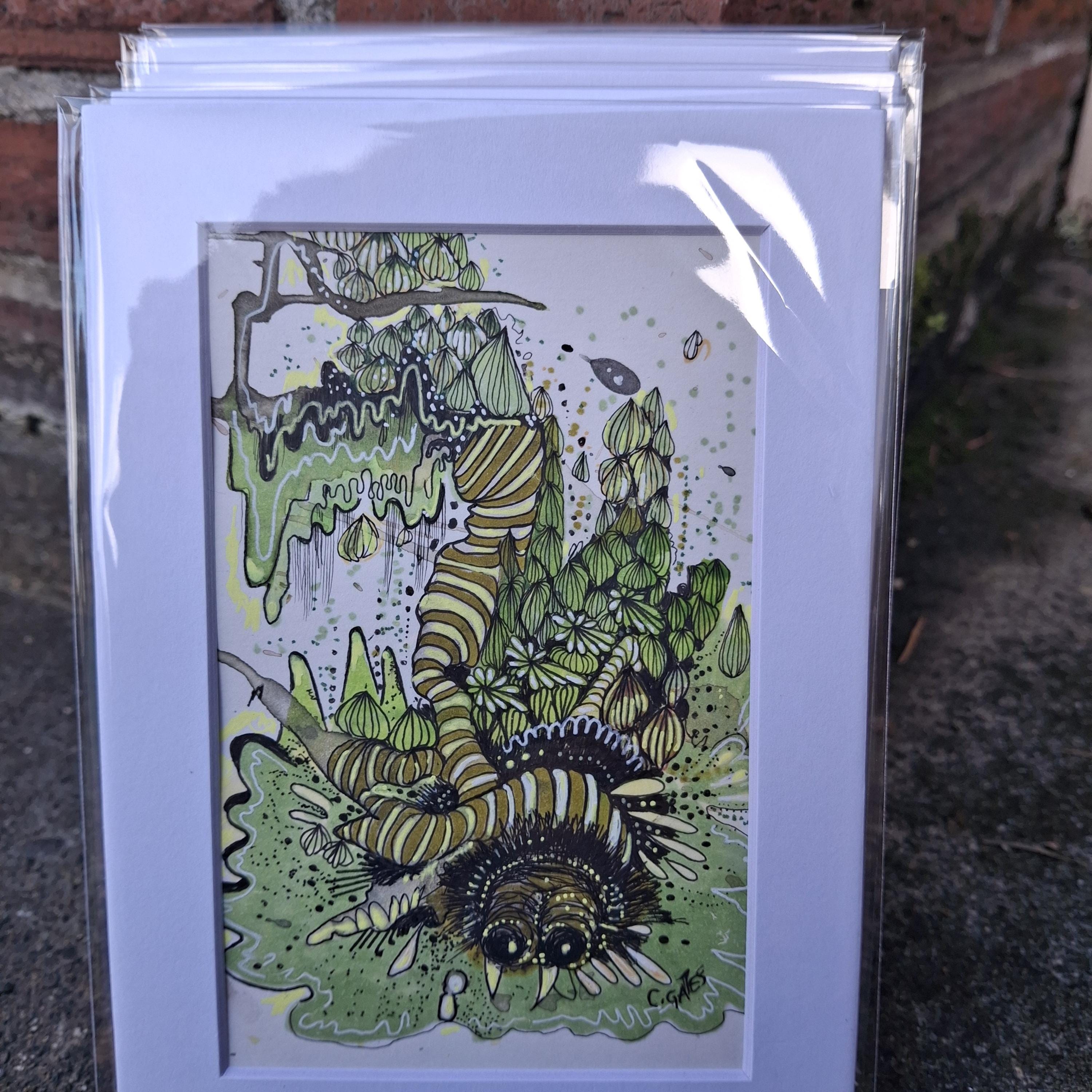 Green Abstract Monster With Fangs - Watercolor, Pen, and Ink Drawing - Etsy