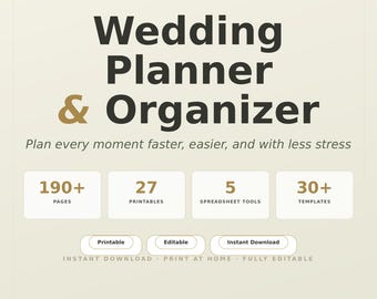 Organizador de Planejamento de Casamento | Pasta de Planejamento Imprimível, Planilha de Orçamento, Lista de Verificação e Modelos de Cronograma