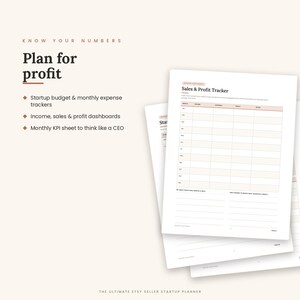 May include: A business planning document titled Plan for profit with text listing startup budget, expense trackers, income, sales, and profit dashboards, and a monthly KPI sheet. The document includes a Sales & Profit Tracker grid for tracking.