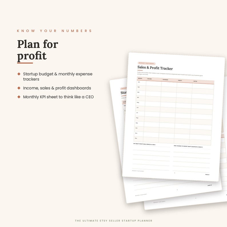 May include: A business planning document titled Plan for profit with text listing startup budget, expense trackers, income, sales, and profit dashboards, and a monthly KPI sheet. The document includes a Sales & Profit Tracker grid for tracking.