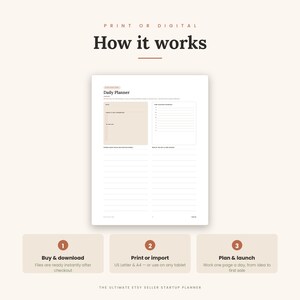 May include: A digital daily planner page featuring a beige box for top priorities and to-do lists, a time blocking schedule, and lined sections for notes. Below, three numbered steps explain the process: Buy and download, Print or import, and Plan and launch. The text reads: Print or digital, How it works, Daily Planner, and The Ultimate Etsy Seller Startup Planner.