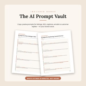 May include: A digital document titled The AI Prompt Vault featuring two overlapping pages of text. The content includes sections for Etsy Listings, SEO, Marketing, Social, and Service prompts, with a button at the bottom stating Write Listings In Minutes, Not Hours.