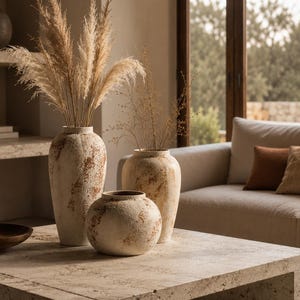 Peut inclure: Un ensemble de trois vases en céramique avec une finition texturée blanc cassé et des taches brunes mouchetées. Le plus grand vase est cylindrique, le moyen est bulbeux et le plus petit est sphérique. Des tiges d'herbe de la pampa sont à l'intérieur.