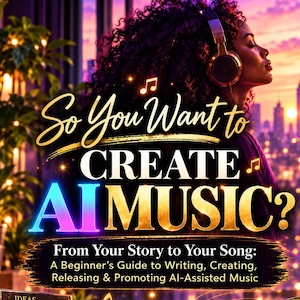 Puede incluir: Una portada de libro titulada So You Want to CREATE AI MUSIC? From Your Story to Your Song: A Beginner’s Guide to Writing, Creating, Releasing & Promoting AI-Assisted Music por KayLane Fost, con una pila de libros, un cuaderno y un micrófono.