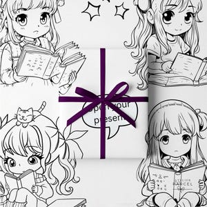 May include: A white wrapping paper featuring a repeating black and white line art pattern of anime-style characters reading books, accented by stars. A central gift box is tied with a dark purple ribbon and a speech bubble reading open your present.