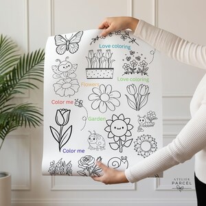 May include: A white coloring poster featuring black line art illustrations of a butterfly, various flowers, a ladybug, a snail, a caterpillar, and bees. The text includes the phrases Love coloring, Flowers, Color me, and Garden in colors.