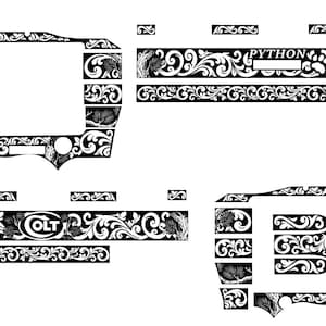 May include: A set of black and white adhesive decals featuring intricate floral scrollwork patterns. The designs include the text "PYTHON" and "COLT" along with a graphic of a snarling panther, designed for application onto a firearm surface.
