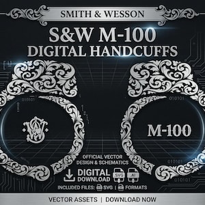 Puede incluir: Un gráfico digital que muestra esposas ornamentales plateadas con intrincados diseños de volutas. El texto incluye SMITH & WESSON, S&W M-100 DIGITAL HANDCUFFS, OFFICIAL VECTOR DESIGN & SCHEMATICS, DIGITAL DOWNLOAD, SVG, AI e INCLUDED FILES: SVG | AI FORMATS.