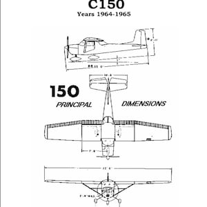 Op de afbeelding: Een zwart-wit Quick Reference Handbook voor het C150-vliegtuig, jaren 1964-1965. Het document toont technische lijntekeningen van het vliegtuig vanuit zijaanzicht, bovenaanzicht en vooraanzicht, inclusief imperiale maten en de tekst 150 PRINCIPAL DIMENSIONS.