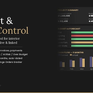 Puede incluir: Una plantilla de Excel para el control de presupuestos y costes con fondo oscuro y texto dorado. Muestra un resumen del proyecto, un gráfico de barras de presupuesto frente a previsión con estado RAG y un gráfico de flujo de caja de seis meses.