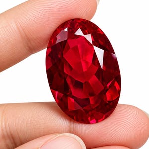May include: A large, oval-cut gemstone with a deep, vibrant red colour and numerous facets that reflect light. The stone features a polished surface with a clear, transparent appearance, showcasing a brilliant crimson hue throughout its structure.