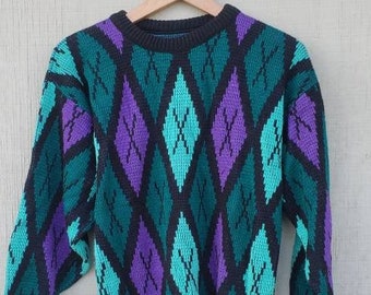 Green & Purple Diamond Girl Long Sleeve Sweater Jumper- Vintage 1990's