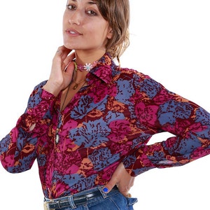 Vintage 70&#39;s Floral Mr. Dino Button Down Blouse 60s  (Size 13-14)