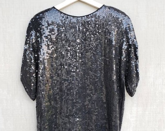 Bluzka z cekinami w stylu vintage z lat 80., czarny jedwabny top (rozmiar M)