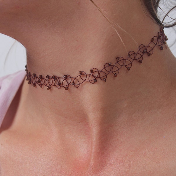 3 Stück Brown Tattoo Choker Halskette 90er Jahre Armband / Fußkette Set VINTAGE Schmuck dehnen