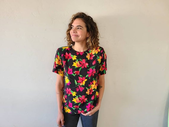 90's Floral Blouse Top Vintage Black Yellow Flowe… - image 1