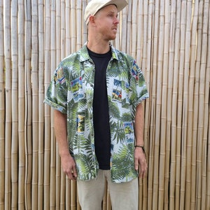 Vintage Mens Party Button 90s relaxed fit button down up Floral  RAD 80s wooden