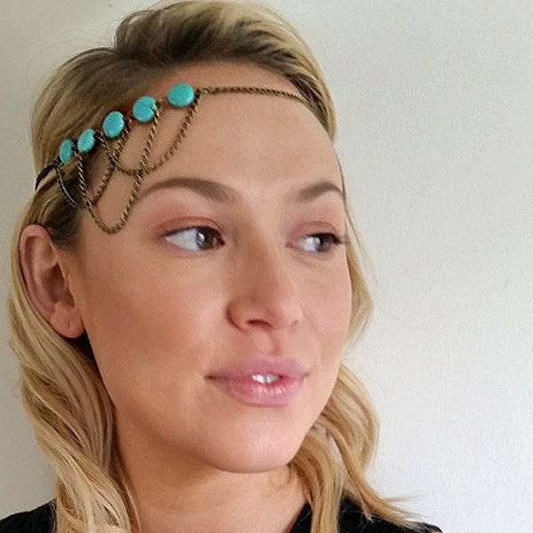 Gold & Turquoise Fesival Head chain Headpiece Hair Band Chakra with Adjustable lobster clasp back