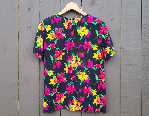 90's Floral Blouse Top Vintage Black Yellow Flowe… - image 3