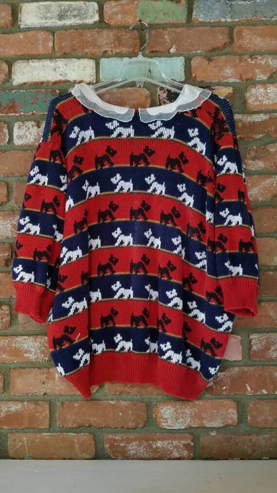 Vintage YORKIE dog sweater 1980's lace red, black… - image 4