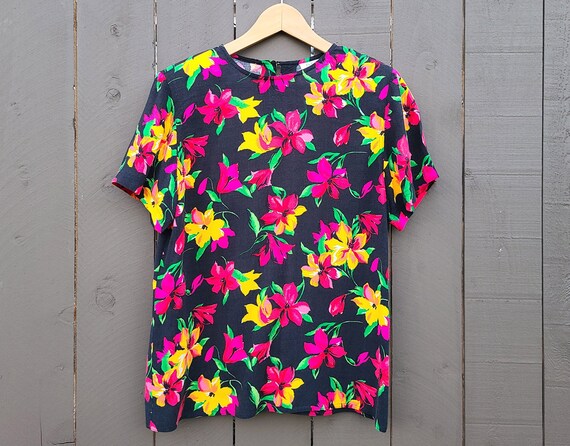 90's Floral Blouse Top Vintage Black Yellow Flowe… - image 2