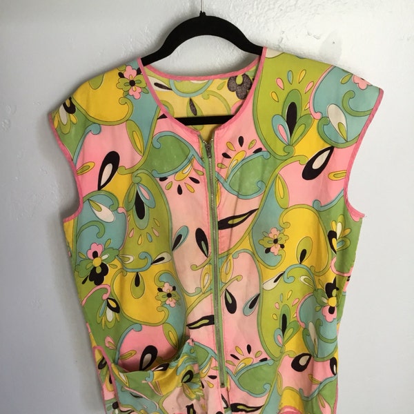 1960s flower child vest bright, psychedellic zip up top sixties flower power