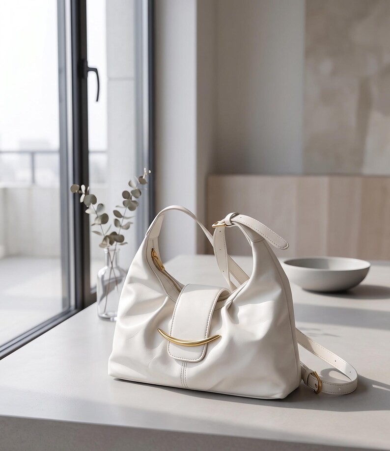 May include: A white hobo-style shoulder bag featuring a smooth, soft-touch exterior, a central flap closure secured with a curved gold-tone metal accent, and an adjustable shoulder strap with a matching gold-tone buckle hardware.