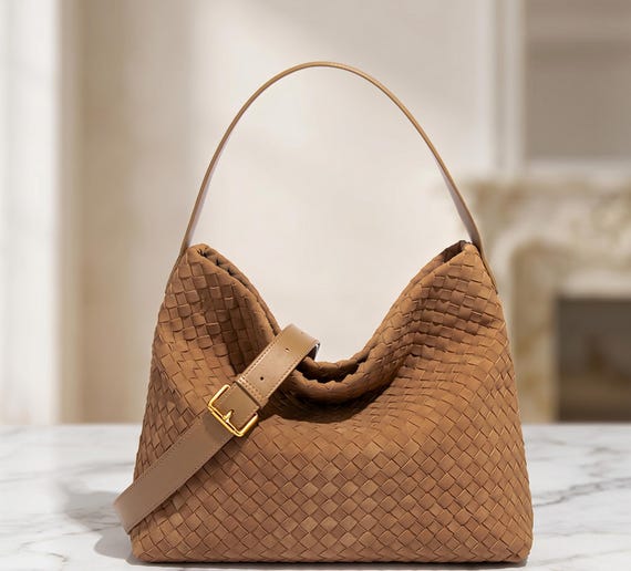 Woven Leather Hobo Bag for Women, Large Slouchy Shoulder Bag, Intrecciato Style Purse, Gold Buckle Detail Handbag