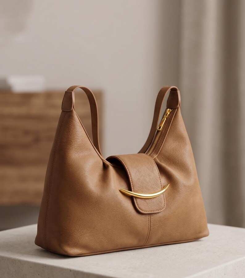 May include: A tan shoulder bag with a smooth texture, featuring a curved gold-tone metal accent on the front flap closure. The bag has two shoulder straps and a gold-tone zipper along the top opening, showcasing a structured silhouette.