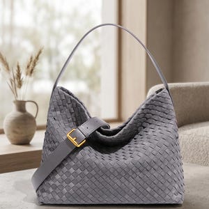 Woven Leather Hobo Bag, Slouchy Shoulder Purse, Gold Buckle Detail Handbag Grey