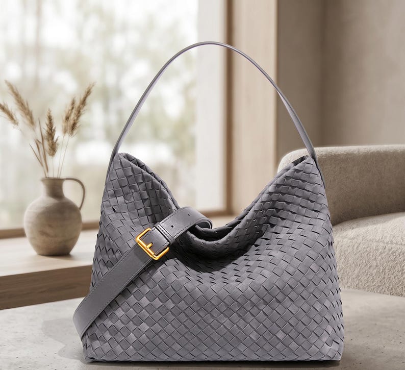 Woven Leather Hobo Bag, Slouchy Shoulder Purse, Gold Buckle Detail Handbag Grey