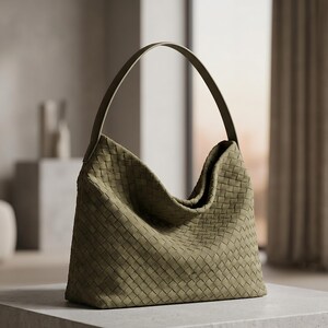 May include: An olive green hobo bag featuring a woven leather construction with a distinct grid pattern. The bag has a single arched shoulder strap and a soft, slouchy silhouette that curves inward at the top centre, creating a deep opening.