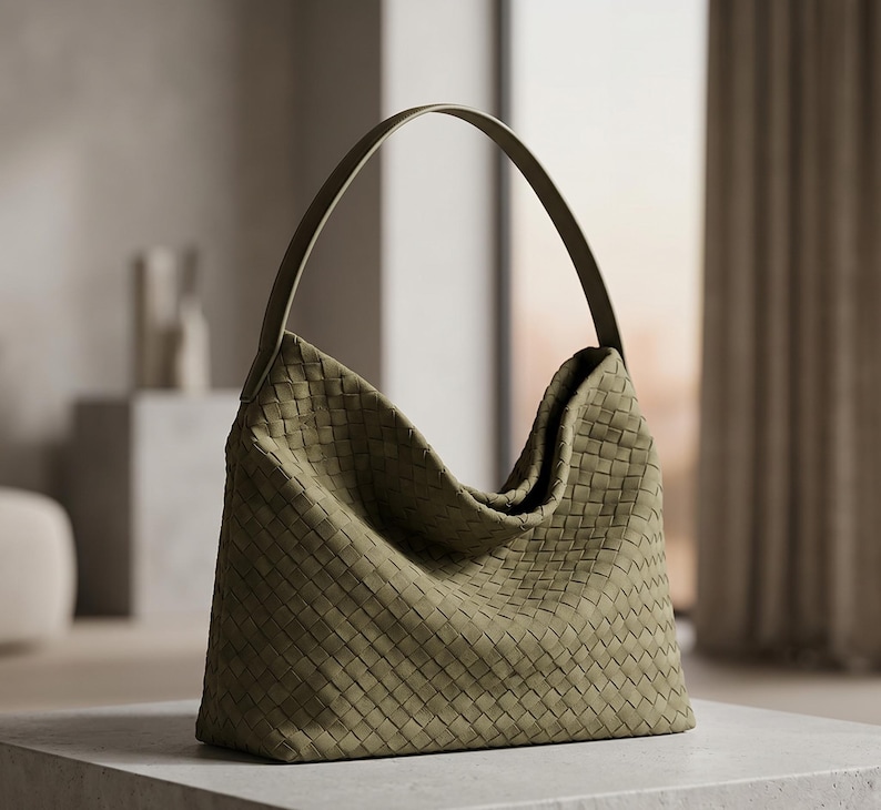 May include: An olive green hobo bag featuring a woven leather construction with a distinct grid pattern. The bag has a single arched shoulder strap and a soft, slouchy silhouette that curves inward at the top centre, creating a deep opening.