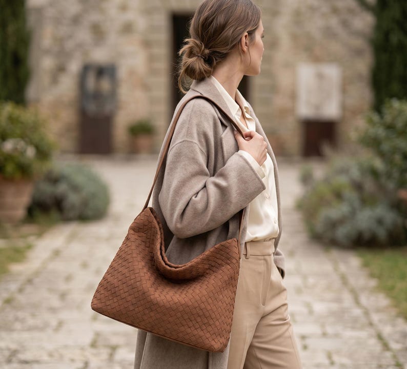May include: A brown hobo-style shoulder bag featuring a woven leather texture. The bag has a wide, integrated shoulder strap and a slouchy, unstructured silhouette. The exterior surface displays a consistent, intricate basket-weave pattern.