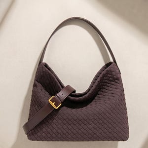 Woven Leather Hobo Bag, Slouchy Shoulder Purse, Gold Buckle Detail Handbag Purple