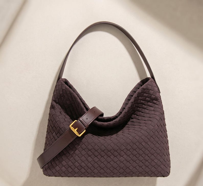 Woven Leather Hobo Bag, Slouchy Shoulder Purse, Gold Buckle Detail Handbag Purple