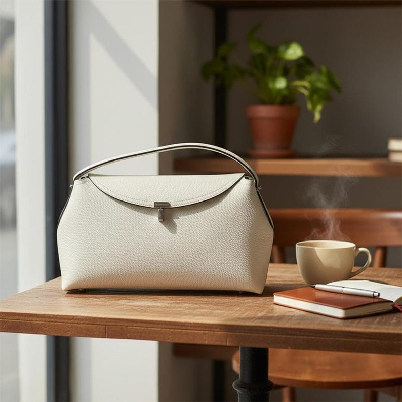 Cream pebbled leather shoulder bag on café table, genuine cowhide purse beside coffee cup and books