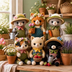 Könnte beinhalten: Sechs gehäkelte Katzenpuppen in Gartenkleidung, bestehend aus Latzhosen, Sonnenhüten und Blumenkränzen. Die Katzen halten Miniatur-Accessoires wie eine silberne Gießkanne, einen Terrakottatopf mit rosa Tulpen, eine Karotte und einen Erdbeerkorb.